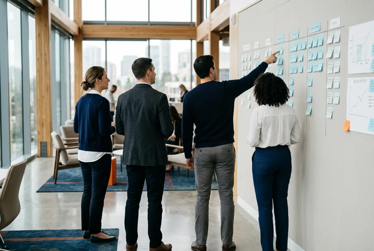 A team organizes its work on a wall of sticky notes